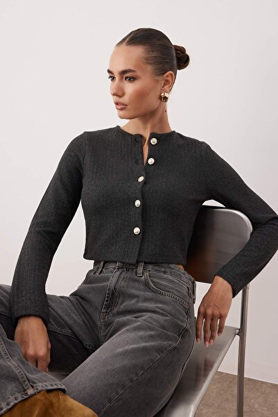 Trendyol Collection Anthracite Fitted/Crop Button Detail Brushed Pointel Stretchy Knitted Blouse Twoaw26Bz00113