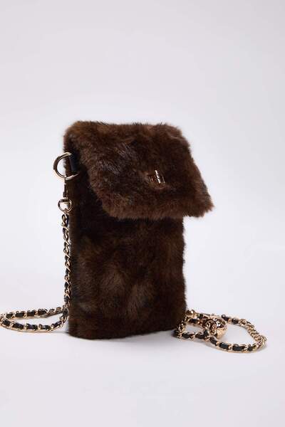 TRENDYOL SHOES Brown Faux Fur Crossbody Women's Shoulder and Phone Bag Takaw26Oc00083