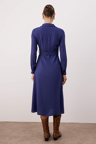 Trendyol Collection Navy Blue Plain Belted Midi Woven Dress Twoaw25El00436