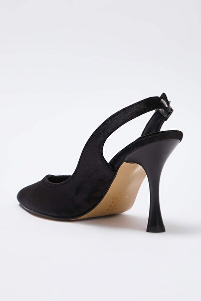 TRENDYOL SHOES Black Velvet Pointed Toe Open Back Women's Thin Heeled Shoes Takaw25To00010