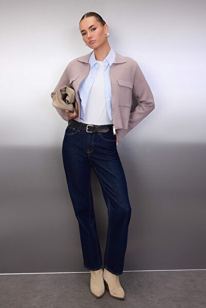 Trendyol Collection Специална колекция Полиестерно-памучна смес Поло яка Джоб Детайл Плетен кардиган TWOAW26HI00180
