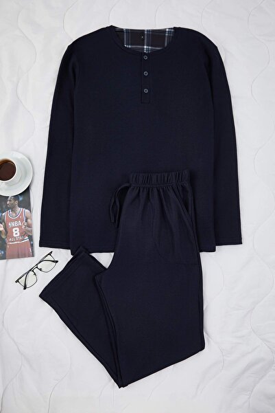 Trendyol Collection Navy Blue Regular Soft Waffle Knitted Pajama Set Tmnaw26Pt00066