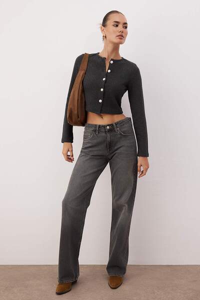 Trendyol Collection Anthracite Fitted/Crop Button Detail Brushed Pointel Stretchy Knitted Blouse Twoaw26Bz00113