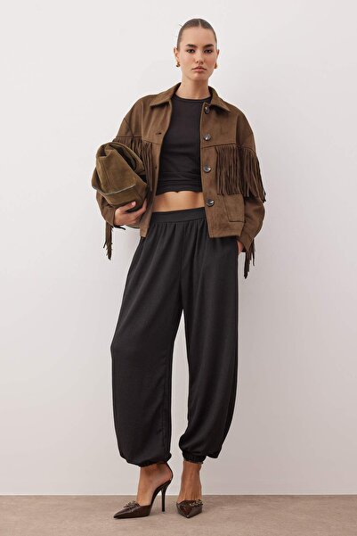 Trendyol Collection Black Wrinkled Cuffed Elastic Knitted Baggy Trousers Twoaw26Pl00139
