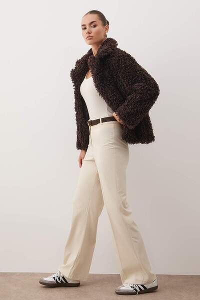 Trendyol Collection Magas derekú, széles szárú bézs szőtt nadrág - TWOSS23PL00314