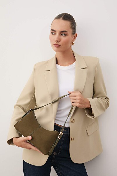 TRENDYOL SHOES Khaki Suede Adjustable Strap Detailed Oval Women's Shoulder Bag Takaw26Oc00003