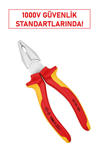 Knipex 03060160 İzole Kombine Pense 160 mm | VDE Sertifikalı, Cr-V Çelik, Elektrikçi Tipi Pense