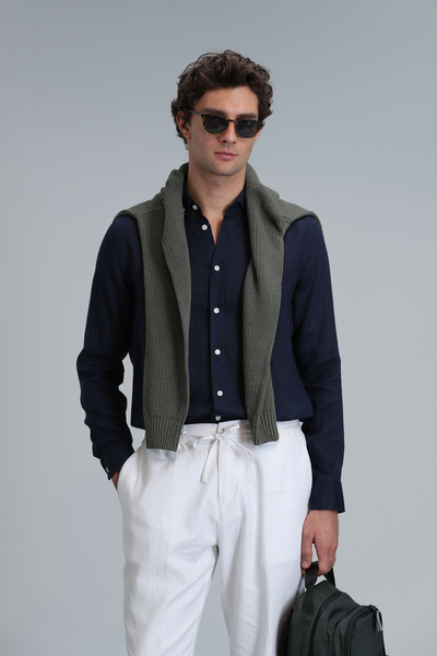 Lufian Pitaya Men's Linen Shirt - Navy Blue, Comfort Fit