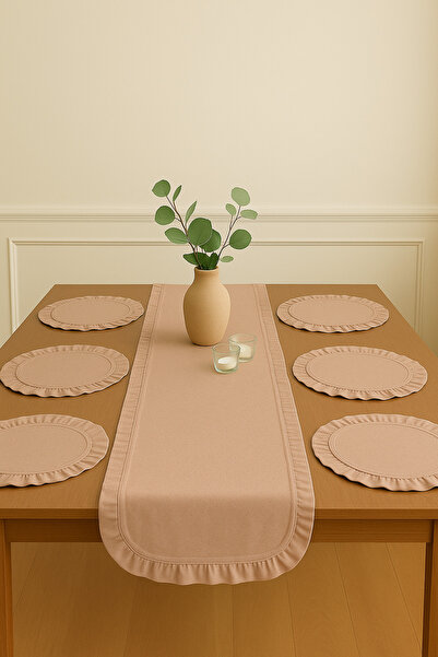 Morlay 7 Piece Ruffle Tableware Presentation Set 6 Pieces of American Service Plates + 1 Piece Ruffle Runner - 40X110 cm