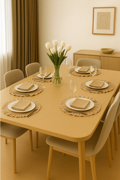 Morlay Set of 2 Placemats Round Placemat - Frilly Cotton Linen, 40 cm - Brown Color