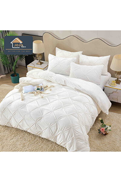 JOJO HOME Double bed linen set, velvet, pleated, with elastic, 4 pieces, White