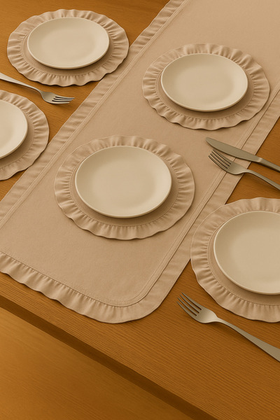 Morlay 7 Piece Ruffle Tableware Presentation Set 6 Pieces of American Service Plates + 1 Piece Ruffle Runner - 40X110 cm