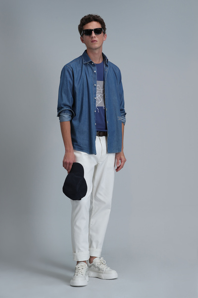 Lufian Nally Modern Grafik T- Shirt Koyu Saks