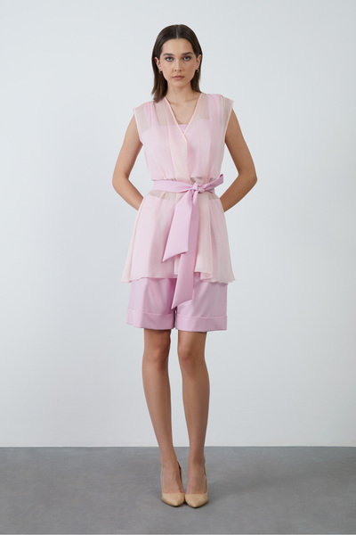 Crop Ball And Double Legged Casual Cut Shorts Chiffon Vest 3pcs Linen Set