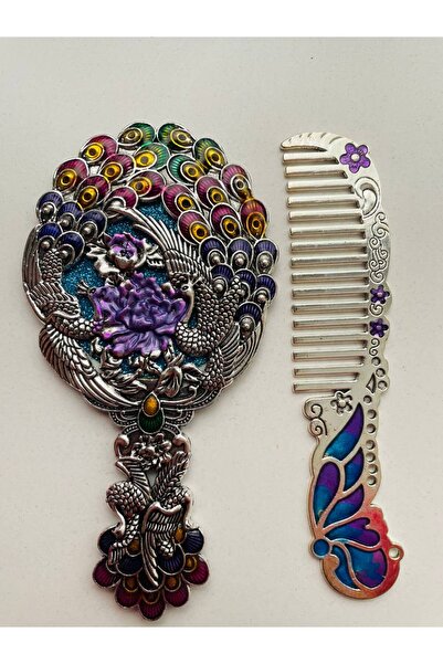 GALATA GIFT Ayna Tarak Seti, Tavuskuşu, Metal, 15x12