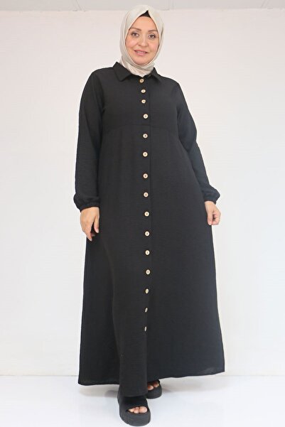 Eslina F-52024 Büyük Beden Desenli Keten Erkek Yakalı Elbise - Siyah