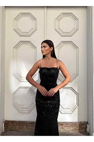 Modafeminen Uzun Abiye, Askılı Pul Payet Dekolte Kuyruklu Elbise Siyah 583220