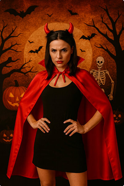 TOYFEST Red Devil Cape 120 cm and Horned Crown – Halloween Costume Set