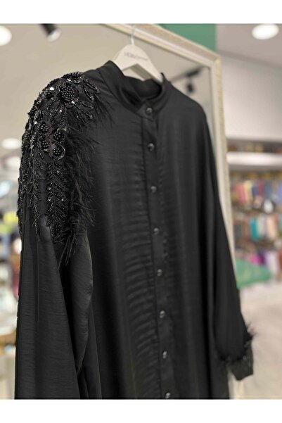 MERAM BUTİK Selinada Satin Tunic with Shoulder Embroidery 3157 - Black - 44