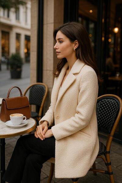 citycenterfashion Women's Single Button Closure Boucle Coat Cty-Şim- 245301