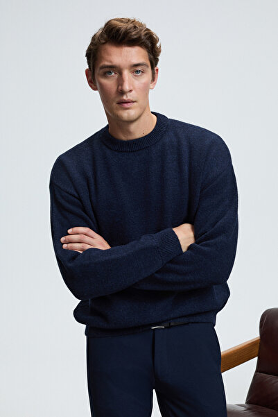 GRIMELANGE Tromso Men's Fluffy Soft Recycle Crew Neck Knitwear Navy Blue Sweater