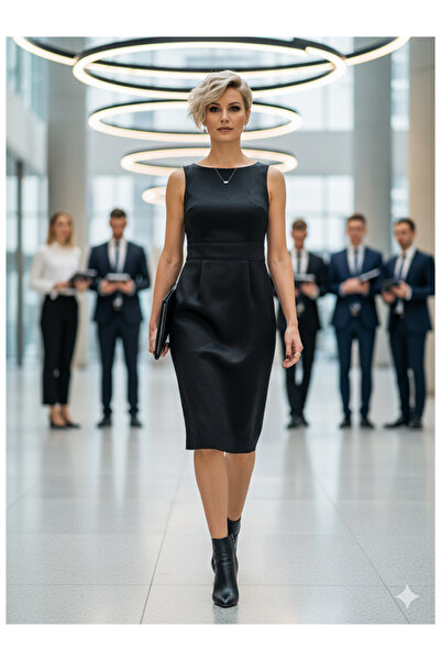 Namaste Vintage Siyah renk desenli kolsuz kalem elbise