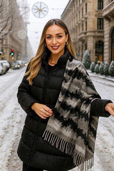 BALIENTE Şal de damă cu ciucuri negru cu dungi