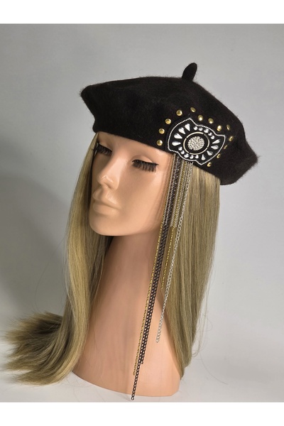 Senbeno Design ÖZGÜN TASARIM SİYAH FRANSIZ RESSAM BERESİ SALLANTI VE ZİNCİR DETAYLI