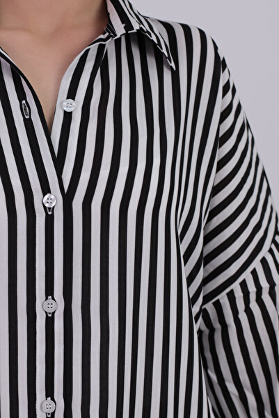 armonika Women's Black-White Thin Striped Oversize Long Basic Shirt ARM-22Y001185