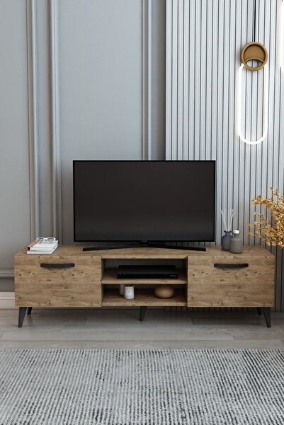 izcodesign Model Efes TV Ünitesi 150 cm – 2 Kapaklı Raflı TV Sehpası | Çam TV...