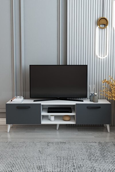 izcodesign Efes TV Ünitesi 150 cm 2 Kapaklı Raflı TV Sehpası – Beyaz Antrasit...