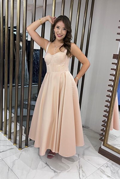 By Saygı Women's Strap Back Drawstring Corsage Satin Flared Midi Dress