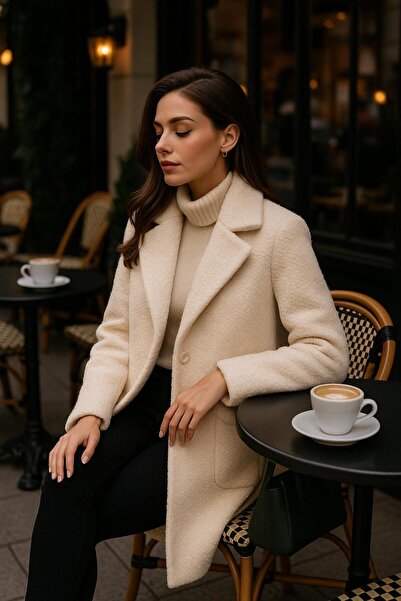 citycenterfashion Women's Single Button Closure Boucle Coat Cty-Şim- 245301