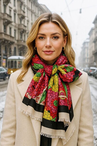 BALIENTE Μαύρο γυναικείο σάλι με σχέδιο λουλουδιών