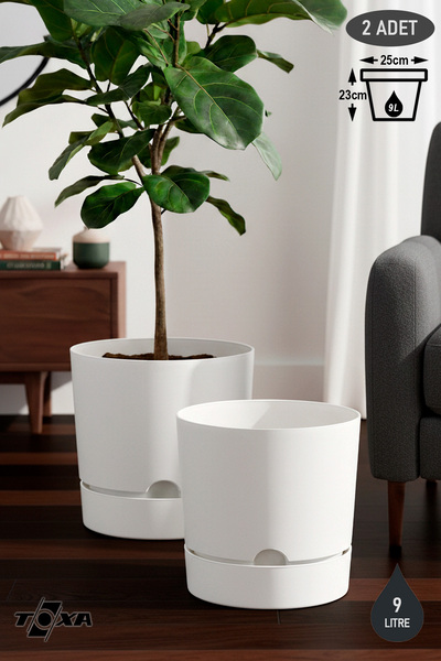 ToXA 2 Adet 9 Litre Begonya Saksı Tabaklı Dekoratif Mat Plastik Saksı