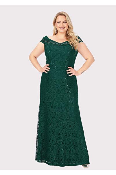 LİLAS XXL Large Size Green Colored Lace Large Size Evening Dress