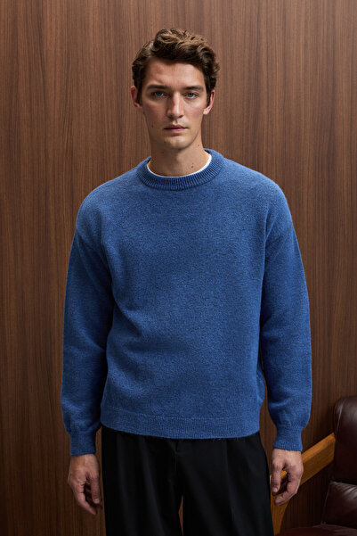 GRIMELANGE Тромсо Чоловічий Relaxed Fit Велосипедний комір Теплий трикотаж Індіго Светр