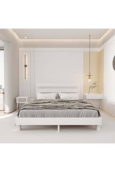 RENAZZO Natura New Model Beyaz Renk Çam Ahşap Karyola Ve İki Komodin Set