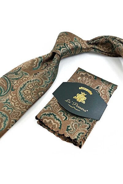 Kravatkolik Yeşil Şal Desen Mendilli Klasik Kravat KK13120