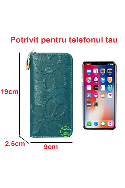 OptimStar Women's wallet, genuine leather, embossed floral ornaments, 19x9x2.5cm, Peacock blue