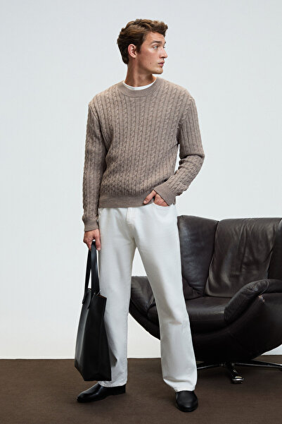 GRIMELANGE VINTLACE Ανδρικό πλεκτό πουλόβερ με στρογγυλή λαιμόκοψη με σχέδιο κανονικής εφαρμογής, μπεζ πλεκτό πουλόβερ