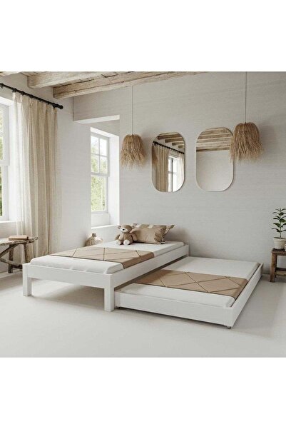 RENAZZO Canvas Model Yavrulu Beyaz Renk Çam Ahşap Karyola