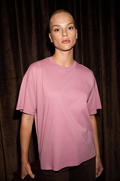 GRIMELANGE Jemmy Women's 100% Organic Cotton Relaxed Fit Slit Round Neck Dusty Rose T-Shirt