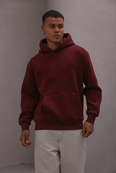 The Champ Clothing Men's Oversized Sweatshirt Hoodie Basic Claret Red – Hooded , 3 Thread Fleece, Kangaroo Pocket