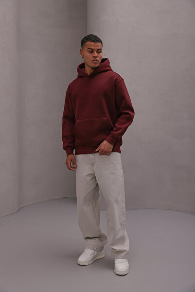 The Champ Clothing Men's Oversized Sweatshirt Hoodie Basic Claret Red – Hooded , 3 Thread Fleece, Kangaroo Pocket