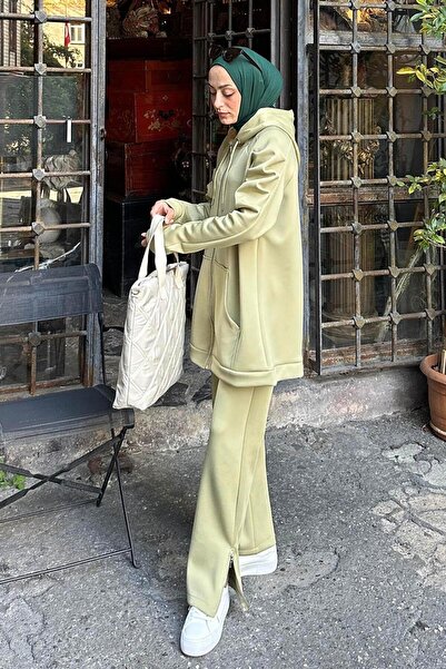 lamelif Arm Ruched Detail double scuba hijab set green