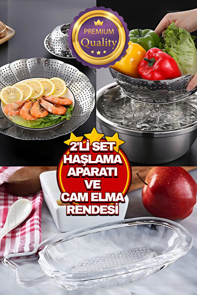 MorPort Ultra Katlanabilir Buharda Sebze Pişirme Haşlama Aparatı Orta Boy Ve Cam Elma Rende Bebek Rendesi