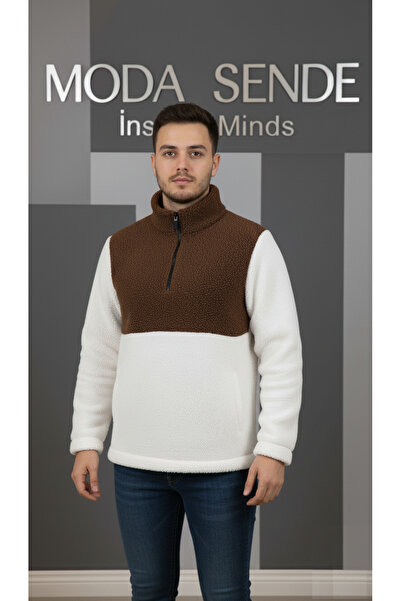 No Plan Мъжки кафяв плюшен пуловер с голям джоб и цип