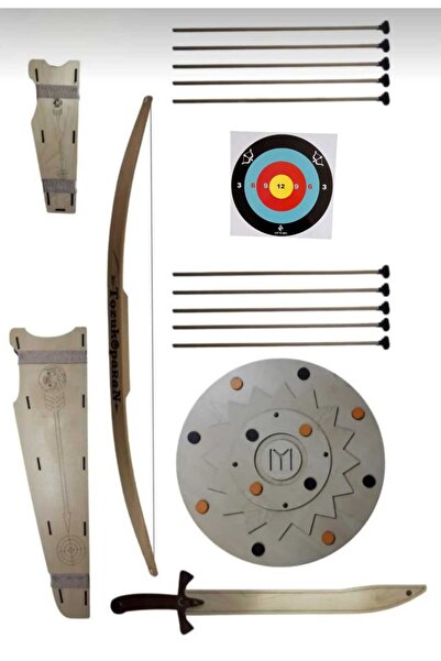 Ahtek Doğal Ahşap Okçuluk Seti 7'li, Yay + 10 Ok + Yay Kını + Sadak + Hedef +...