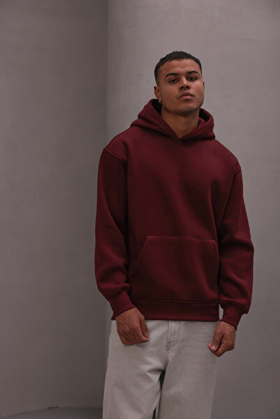 The Champ Clothing Men's Oversized Sweatshirt Hoodie Basic Claret Red – Hooded , 3 Thread Fleece, Kangaroo Pocket